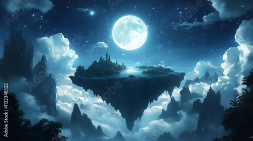 A Floating Island Castle Under a Full Moon in a Starry Night Sky photo