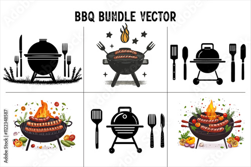 Barbecue grill with crossed tongs and sausage a flat vector Bundle. Barbecue grill Vector set.