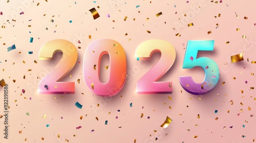 6.A minimalistic yet playful vector showcasing the year 2025 in oversized truncated numbers with pastel gradients. A scattering of golden confetti and soft glow effects add depth to the design. photo