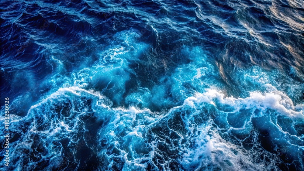 Obraz premium Top view of a dark blue sea water wave in the Black Sea captured by a high-quality drone camera, aerial, ocean, wave