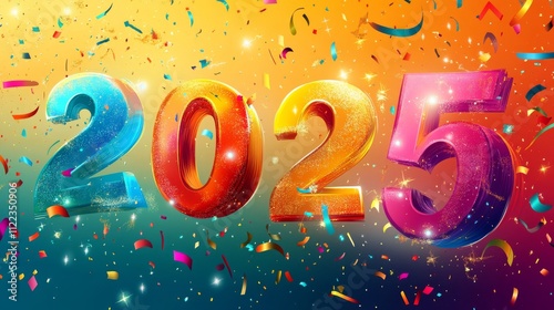 4.A premium vector design with large, colorful truncated numbers for 2025 arranged diagonally. The background is adorned with a mix of vibrant confetti, swirling lines, and glowing sparkles.