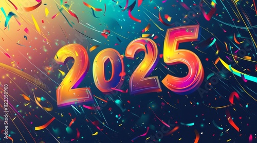 4.A premium vector design with large, colorful truncated numbers for 2025 arranged diagonally. The background is adorned with a mix of vibrant confetti, swirling lines, and glowing sparkles.