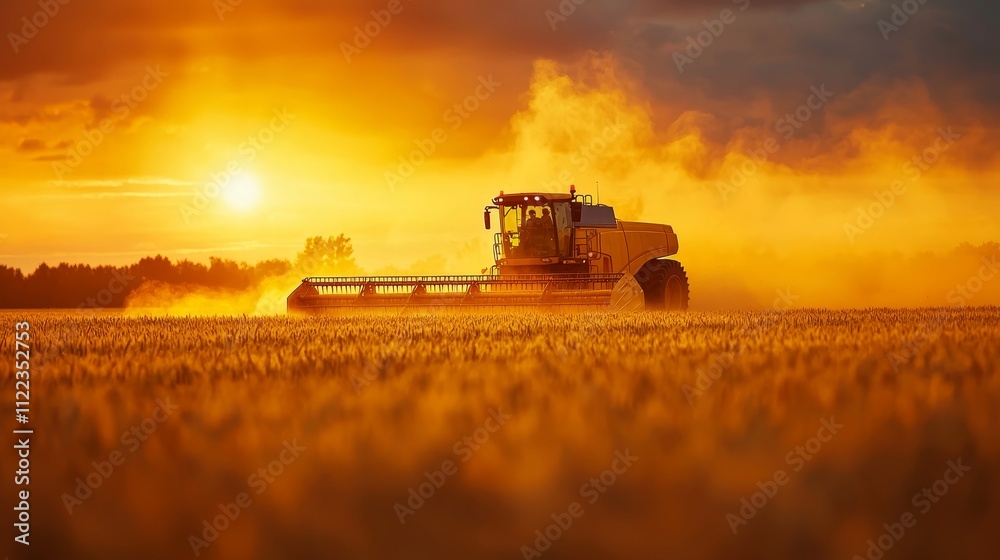 Fototapeta premium Wheat harvesting process during a golden sunset
