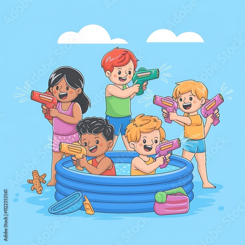 Children Playing With Water Guns Near a Pool photo