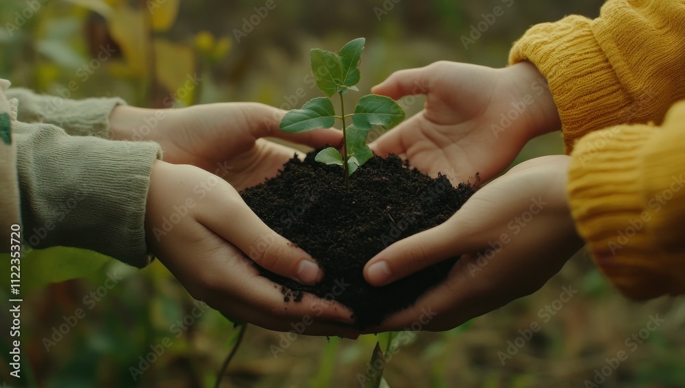 Fototapeta premium Young hands gently hold a small seedling and soil