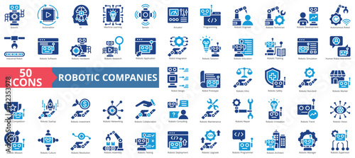 Robotic companies icon collection set. Containing automation, ai, machine learning, sensor, actuator, programming, engineer icon. Simple flat vector illustration.
