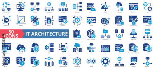 IT architecture icon collection set. Containing system, network, infrastructure, framework, database, server, cloud, virtualization, icon. Simple flat vector illustration.