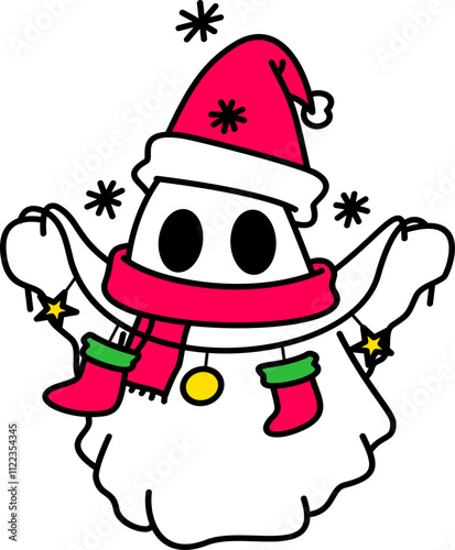 Hand-drawn christmas groovy ghost illustration