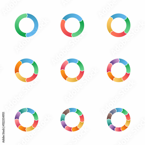 Set of arrow pie charts. Financial analysis data 2,3,4,5,6,7,8,9,10 sections elements for business presentation, Vector Illustration