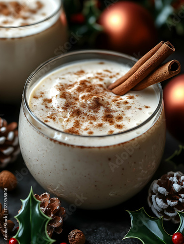 Creamy eggnog in a glass with cinnamon sticks, surrounded by festive decorations. photo