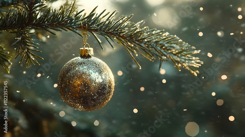 Golden Ornament on Snowy Pine Branch, Winter Illustration
