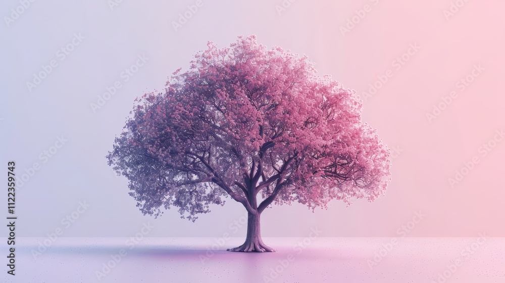 Fototapeta premium Dreamy pink tree with pink leaves on a pink background, whimsical spring scene