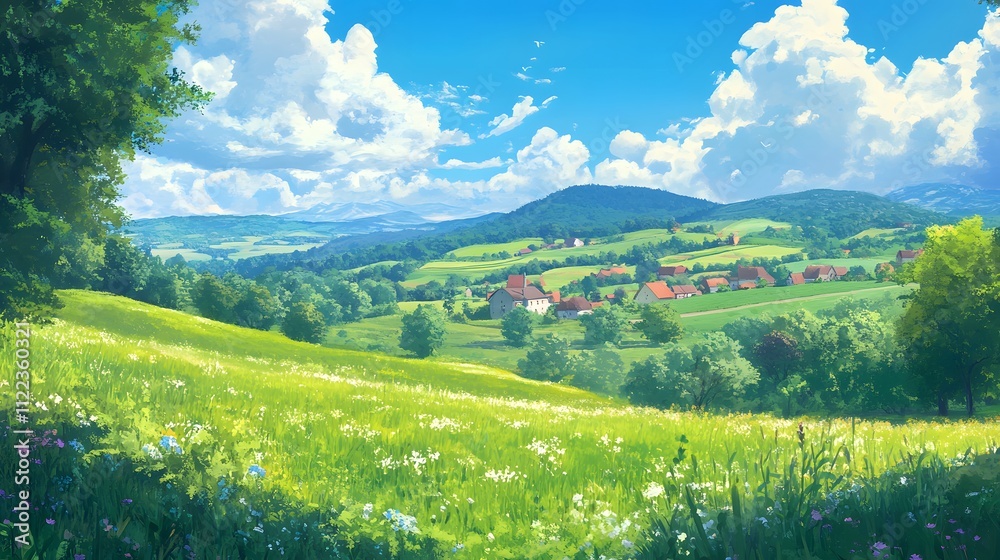 Obraz premium A picturesque village nestled within a lush green valley under a clear blue sky.