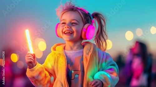 Toddler enjoys a vibrant rave atmosphere with oversized headphones and a glowing lightstick in soft pastel colors