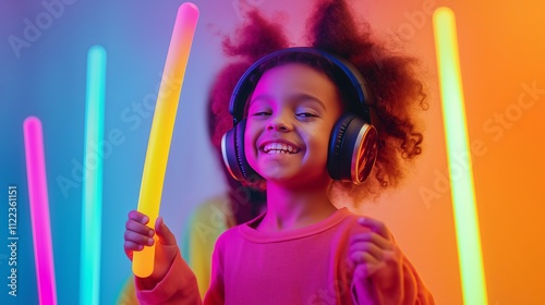 Toddler in oversized headphones beams while holding a glowing lightstick in vibrant pastel colors