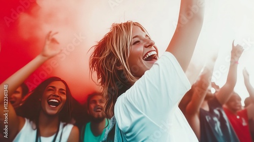 Raver joyfully spins with glowing detergent bottle surrounded by friends under vibrant neon lights at an underground party