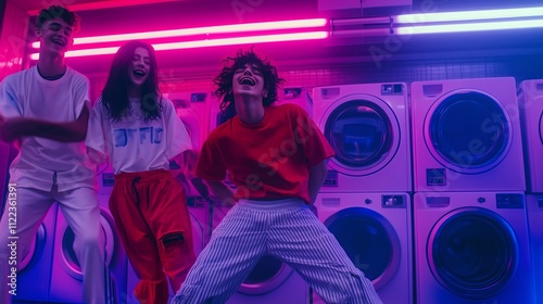 Friends enjoy a playful conga line through a laundromat with vibrant neon lights and a festive atmosphere