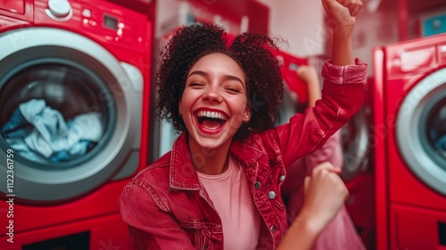 Vibrant party atmosphere in a laundromat with people cheering and laundry tumbling amidst playful reflections