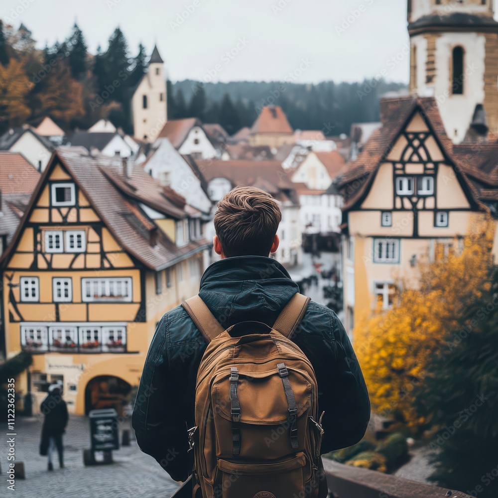 Scenic View of Man Overlooking Quaint Village Scenic View of Man Overlooking Quaint Village