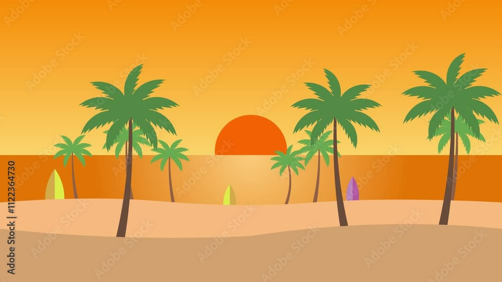 Beach parallax background animation, palm tree landscape animation, cartoon background animation, looping, flat footage, 4k.