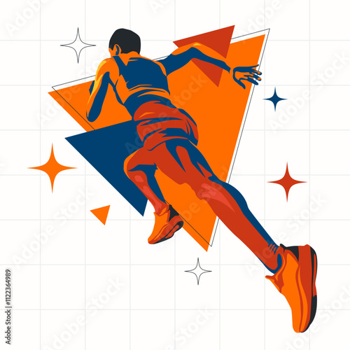 illustration of the silhouette of a sprint athlete. runner athlete with stylized flash of color on white background and geometric ornament. National sports day celebration concept