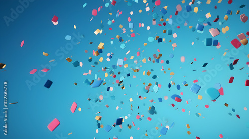 Colorful confetti exploding against a vibrant blue background.