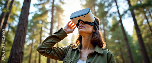 A woman wearing a virtual reality headset explores a tranquil forest, combining technology with nature. The sunlight filters through the trees, creating a harmonious blend of digital and natural envir photo