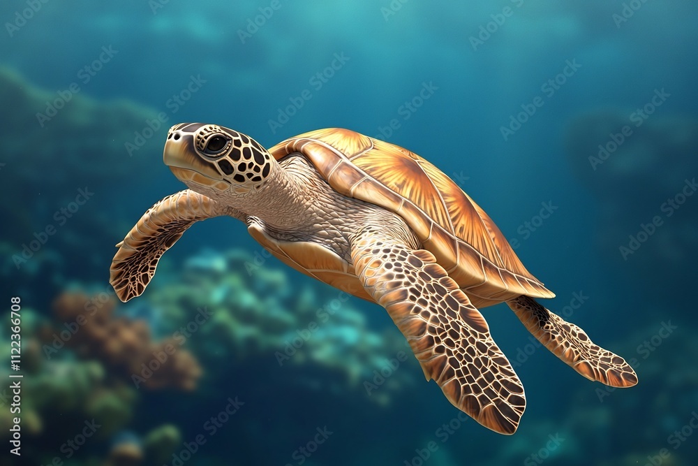 Fototapeta premium Endangered Hawksbill Turtle Swimming Over Vibrant Coral Reef Underwater