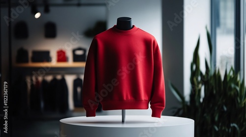 Crimson Crewneck Sweatshirt Displayed in a Modern Boutique Setting photo