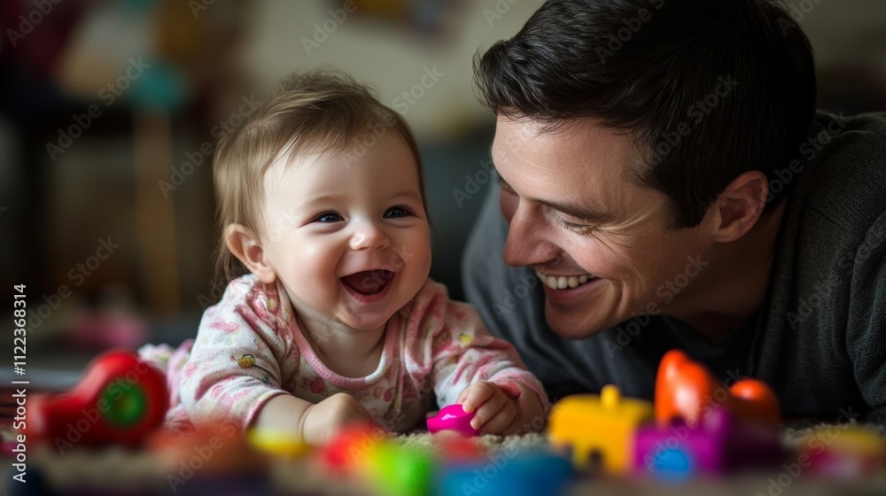 Obraz premium Father and baby share joyful moment playing with colorful toys at home during the afternoon
