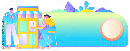 Holiday shopping people doing e-commerce online shopping flat vector concept operation hand drawn illustration
 photo