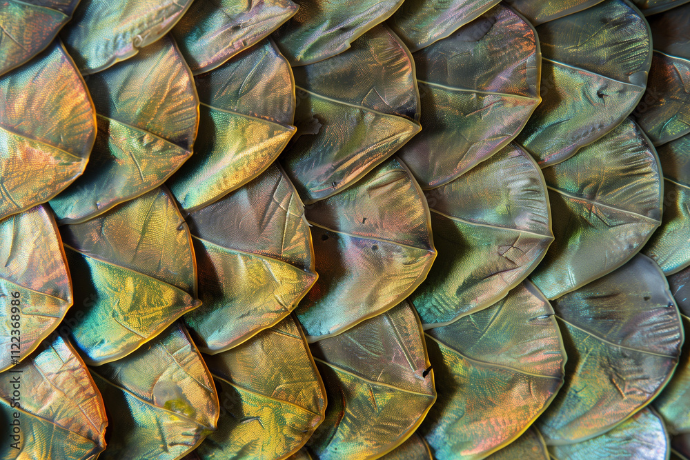Fototapeta premium Fish Scales Wallpaper Iridescent Colorful Fish Scale Texture Close-Up Shot of Shiny Patterns for Nature, Wildlife, and Aquatic Design