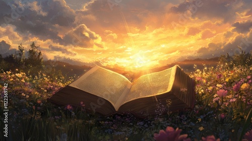 Bible illustration open book landscape art paradise sun light prayer jesus god Divine nature background sky clouds faith religion dream christmas easter photo