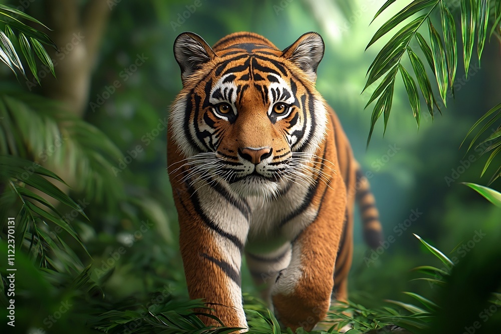 Fototapeta premium Majestic Sumatran Tiger Stalking Through Lush Rainforest Habitat