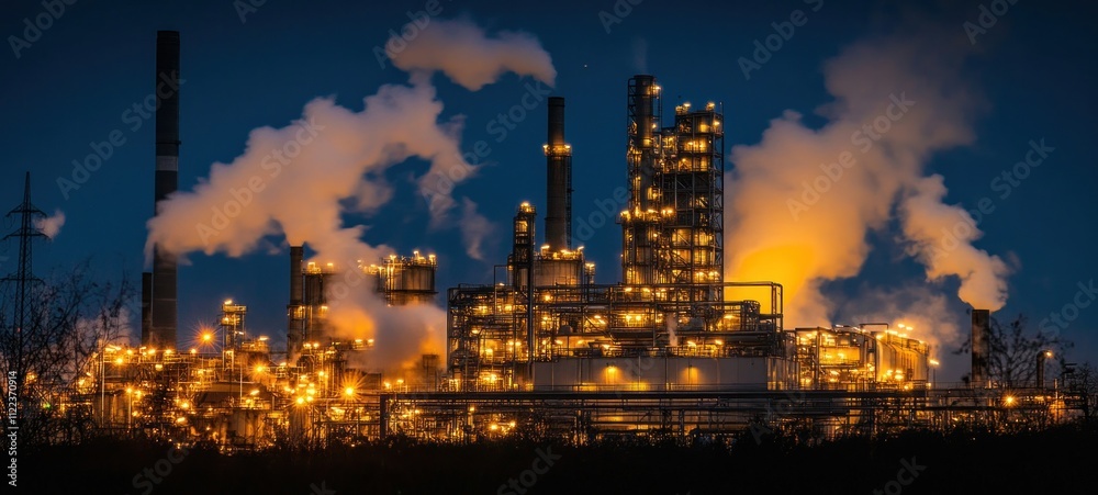Fototapeta premium Night View of Illuminated Petrochemical Refinery with Smoke Stacks
