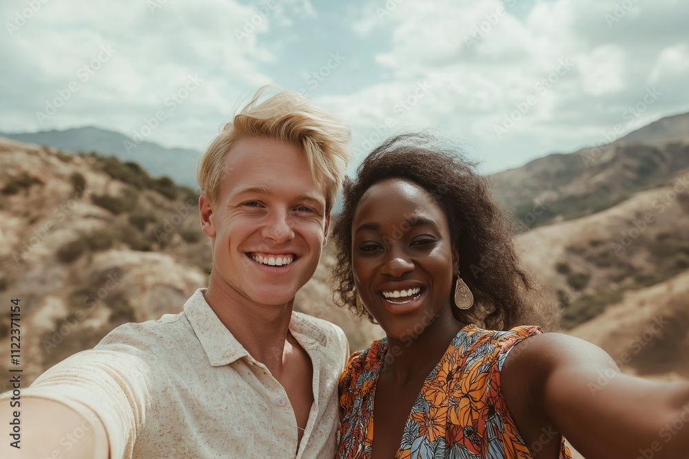Obraz premium Joyful interracial couple takes a selfie in a mountain landscape on a sunny day