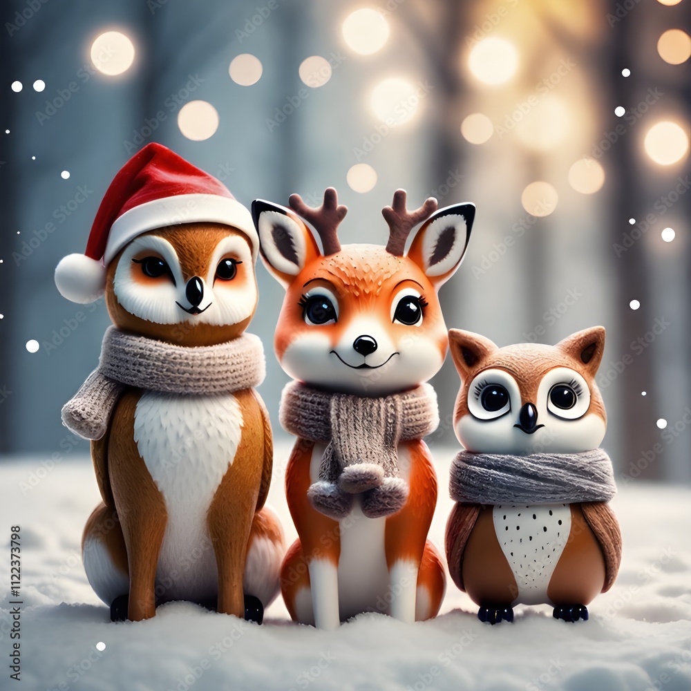 Obraz premium Christmas with cute woodland animals, Christmas wallpaper with beautiful bokeh, Christmas wallpaper, Christmas background