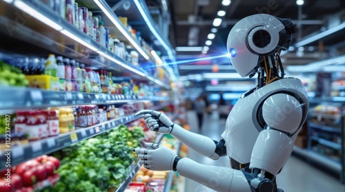 AI Robot Scanning Barcodes in Grocery Store, Concept of Robotics Replacing Humans in Retail, Advanced Automation and Artificial Intelligence in Supermarket Technology photo