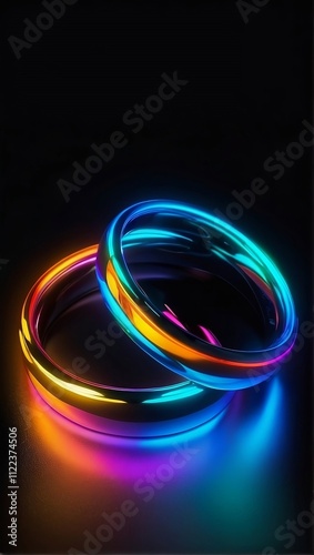 Luminous colorful couple rings on fully black background.