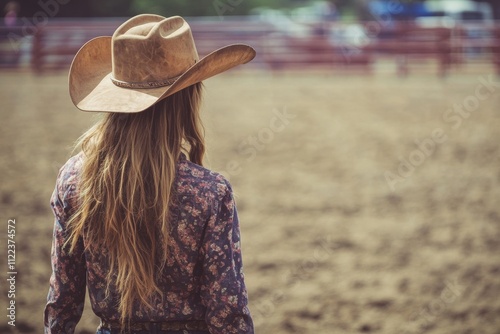 Female bull rider prepares for competition at rodeo event in casual attire and cowboy hat
