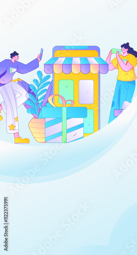 Holiday shopping people doing e-commerce online shopping flat vector concept operation hand drawn illustration
 photo