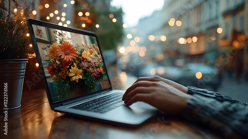 Vibrant Blooms: Laptop Displays Stunning Flower Arrangement, City Lights Background photo