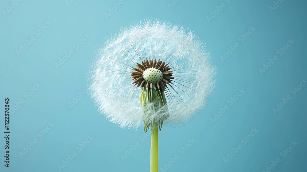 Fototapeta premium Fluffy dandelion seed head against a light blue background.