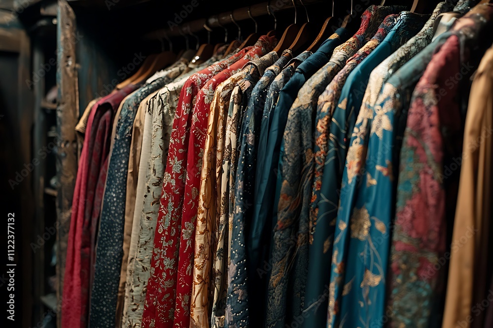 Obraz premium Rack vintage garments displayed in a vibrant flea market setting