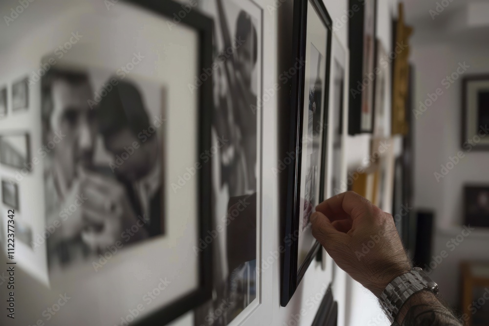 Naklejka premium A man's hand adjusts a framed black and white photo on a gallery wall.