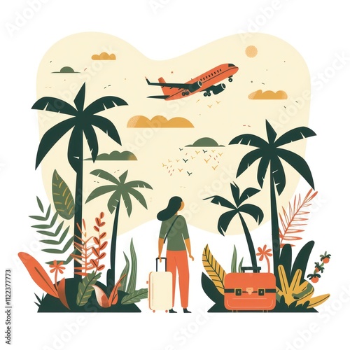 Woman with luggage watching a plane fly over a tropical beach.