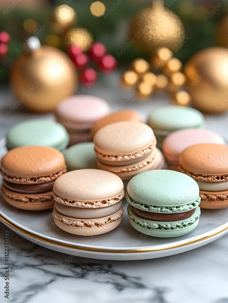 Obraz premium Colorful macarons on a plate with Christmas decorations in the background.