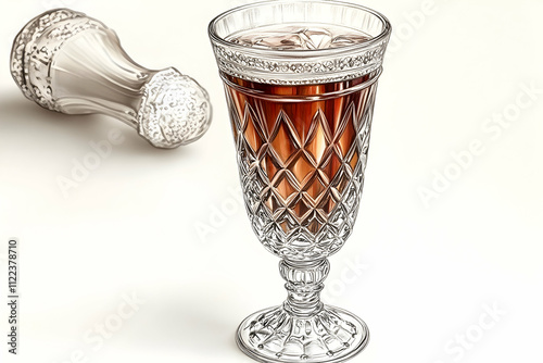 Crystal goblet filled with dark liquid, beside a silver stopper. photo