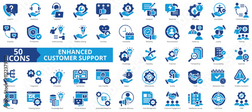 Enhanced customer support icon collection set. Containing assistance, helpdesk, service, satisfaction, resolution, feedback, response icon. Simple flat vector illustration.