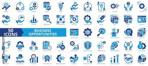 Business opportunities icon collection set. Containing innovation, entrepreneur, investment, market, strategy, networking, collaboration, technology icon. Simple flat vector illustration.